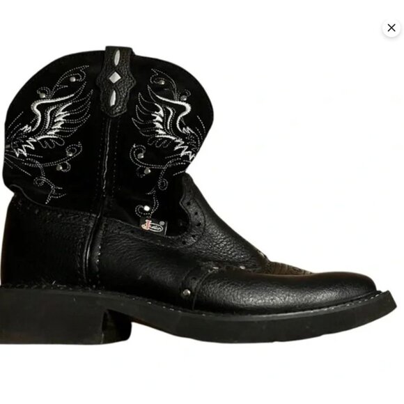 Justin Black Leather Western Boots With Embroidered Wing Design & Square Toe 8.5 - Picture 5 of 11